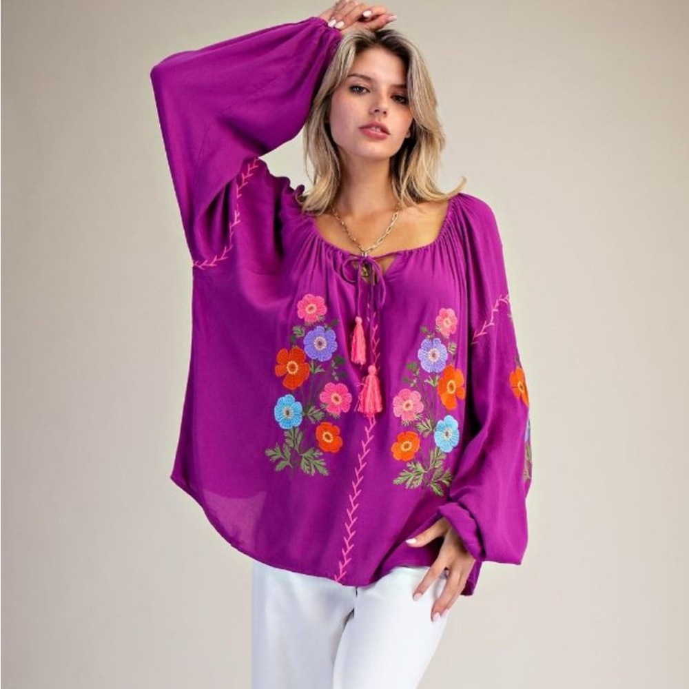 Easel Magenta Floral Embroidered Blouse Reg and Plus Size